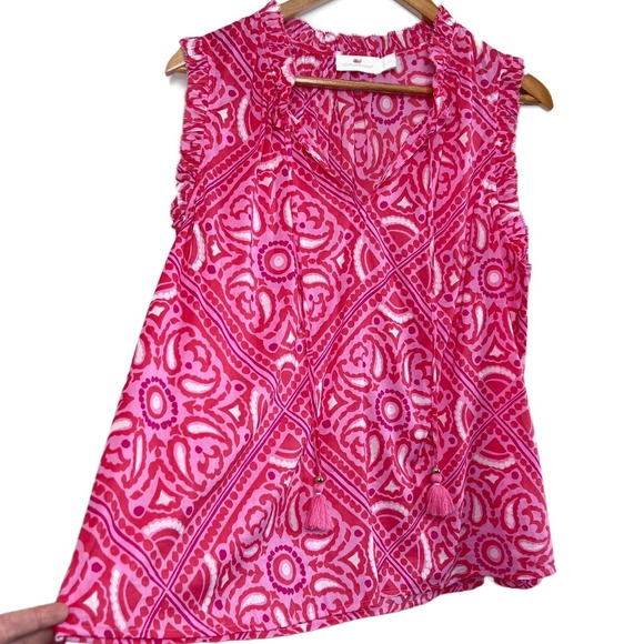 Vineyard Vines Pink Paisley Pattern Ruffled Sleeveless Tie Neck Blouse Women's L - Picture 3 of 8